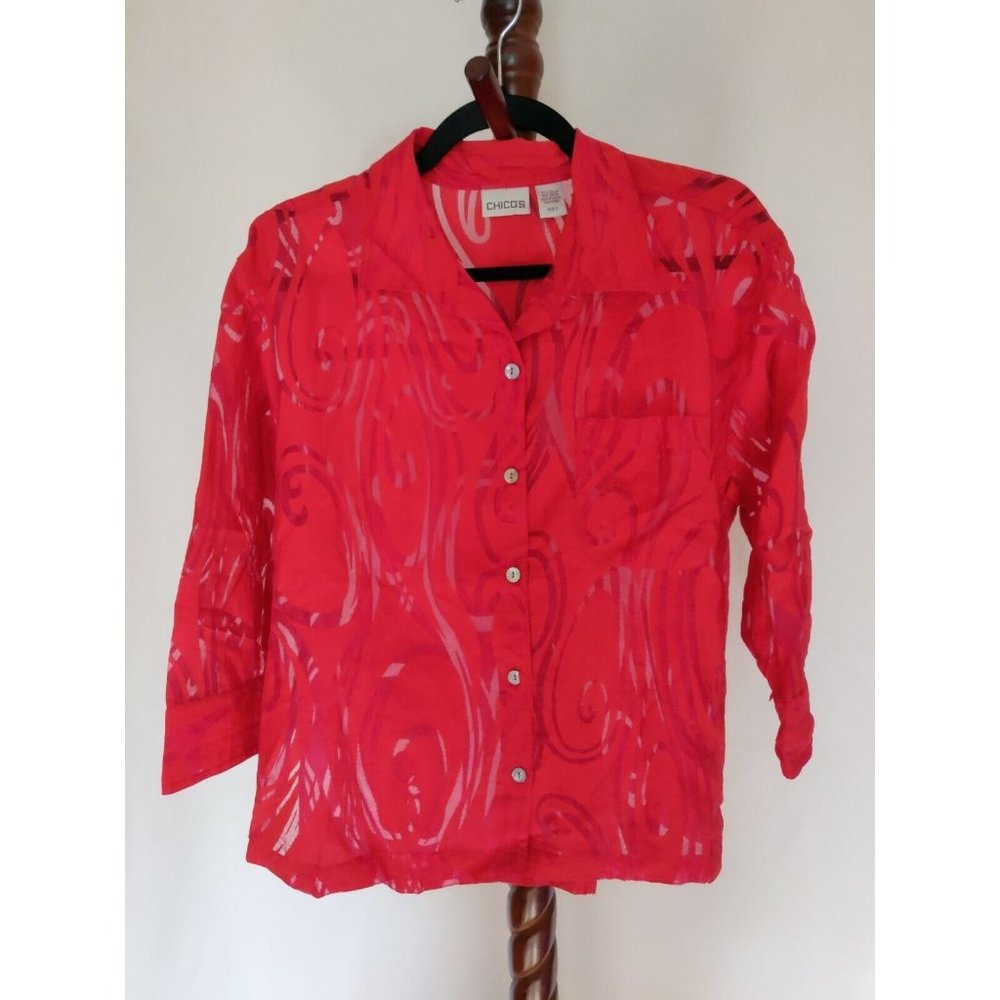 Chico's Women's sz 2 sheer orange red print shirt collar button up long sleeves